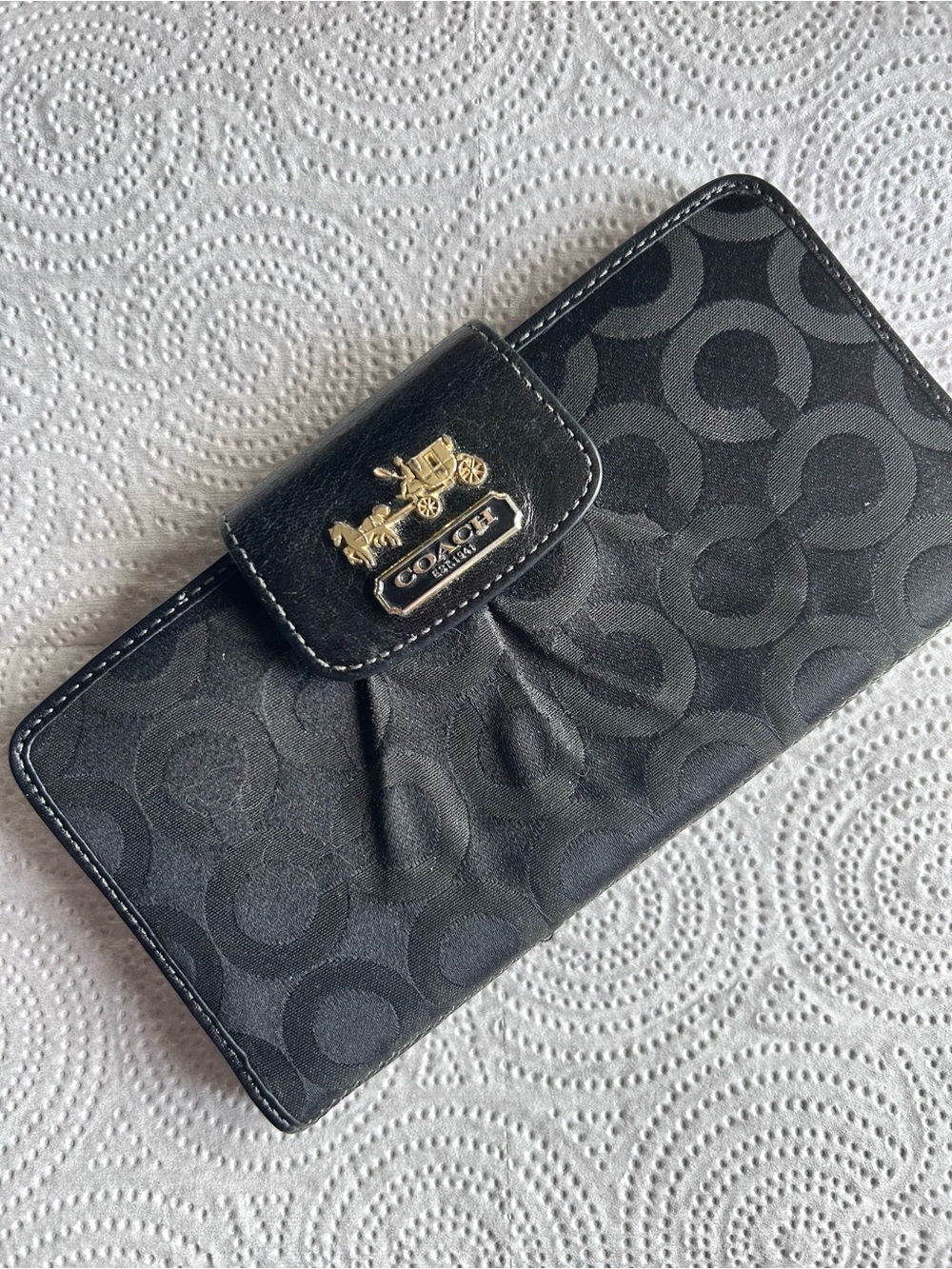 Coach Black Signature Continental Wallet with Gold Tone Logo